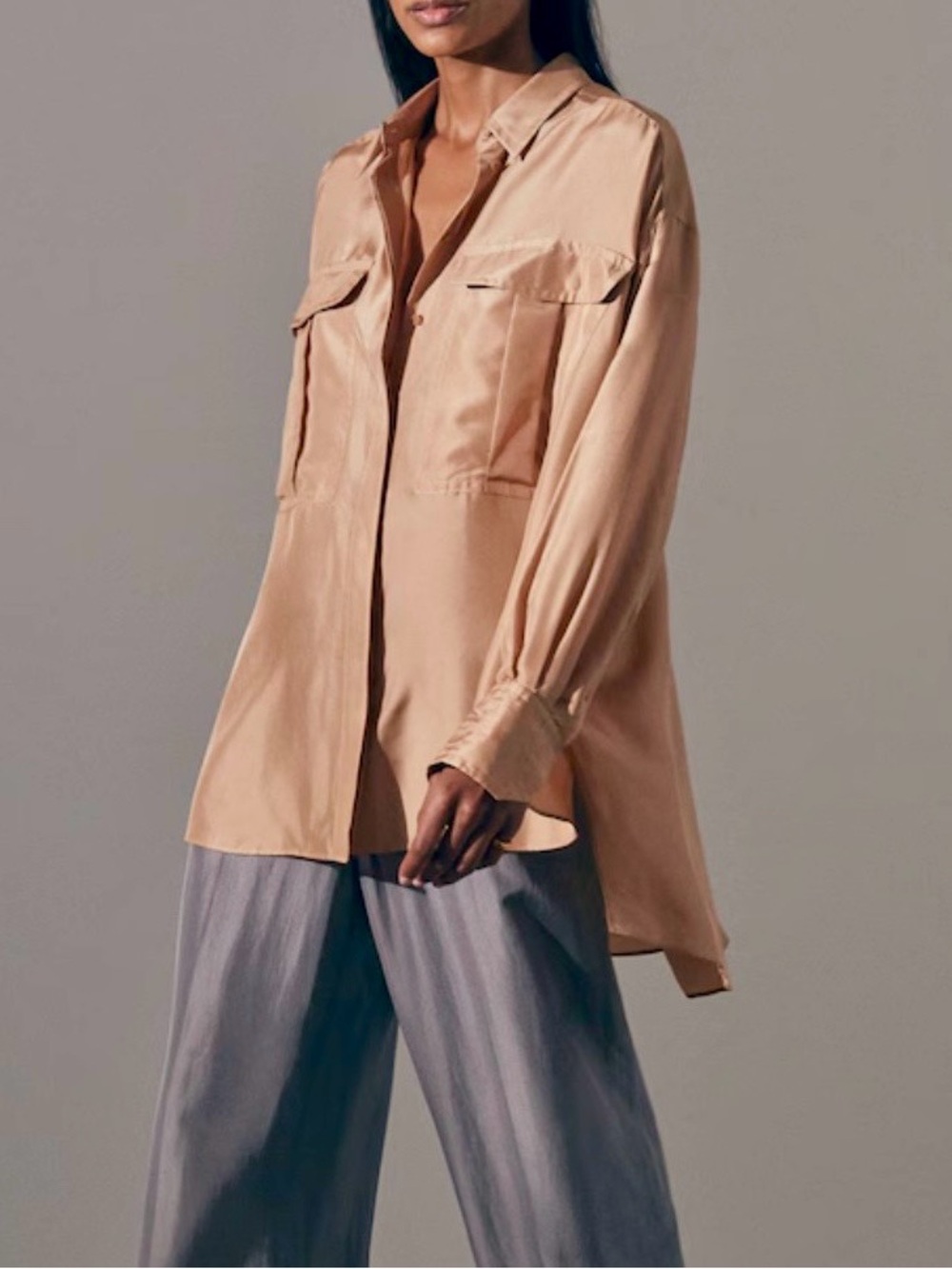 NWT $510 Women's Silk Blend Button-Down Shirt in Light Caramel Size 6